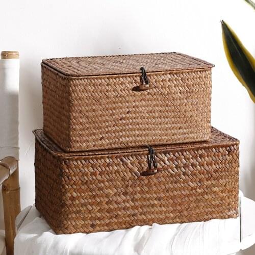 Straw box with cover Japanese sundry sorting box woven box jewelry box storage basket rattan woven Household storage organizer
