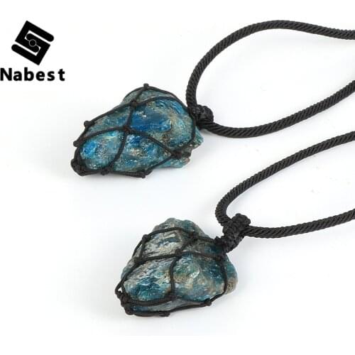 Women Men Natural Blue Apatite Phosphorite Pendant Necklace Rope Braided Wrap Gem Stone Adjustable Sweater Chain Jewelry 70mm