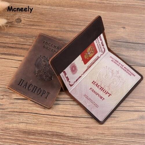 Vintage Crazy Horse Genuine Leather Russia Passport Cover Solid Passport Holder Business Unisex Travel Wallet Case for Russia