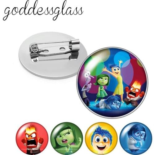 Disney Inside Out Joy Sadness Anger Fear Round Glass cabochon Silver color Brooch Dome Photo Jewelry Brooches Pin For Gift