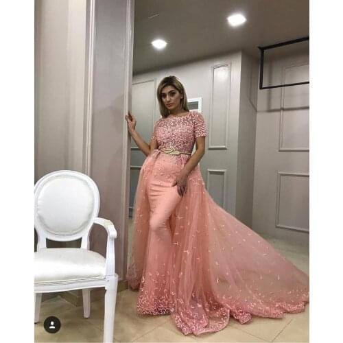 Lace Applique Evening Dresses 2019 Detachable Skirt Short Sleeve Pink Evening Gown Women Formal Dress