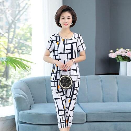 Middle-aged and Elderly Womens Summer Suits Short Sleeve Cotton linen T-shirt Top & Wide-leg Pants 2 Pcs Home Service Sets 5XL
