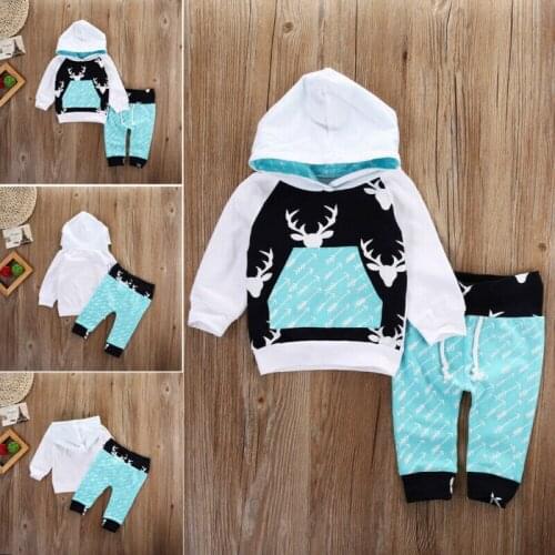 Hot Sale 2pcs Baby Clothes Newborn Kids Baby Girls Boys Christmas Reindeer Hooded Tops+Long Pants Outfits Set