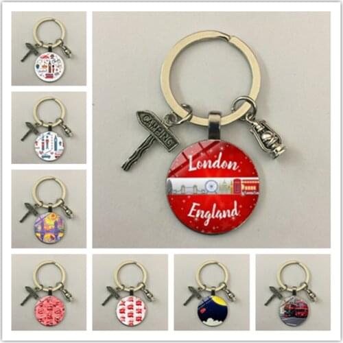 London England Souvenir Keychain Hippie Classic Red Double-decker Bus Big Ben Printed Glass Cabochon Pendant Keyring Gift