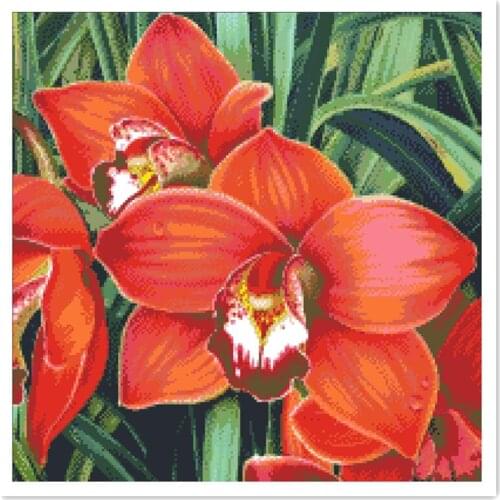Orchid cross stitch kit plant red flowers 18ct 14ct 11ct white fabric cotton thread embroidery DIY handmade needlework