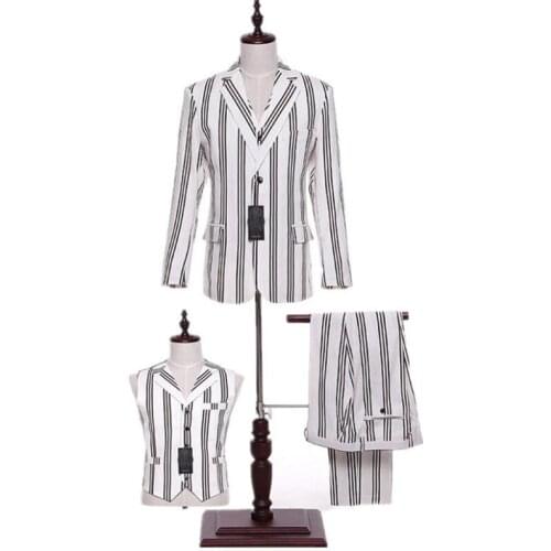 New Style Groomsmen Mens Classic Suits Groom Tuxedos Mens Suits Wedding Groom Black Strips Best Man Blazer (Jacket+Pants+Vest)