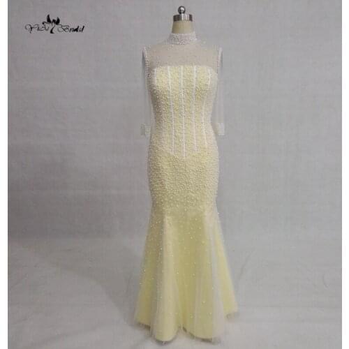 New Elegant High Neck Heavy Beading Yellow See Through Back Pearls Evening Dress Long Party Dress 2016 RE040RE040