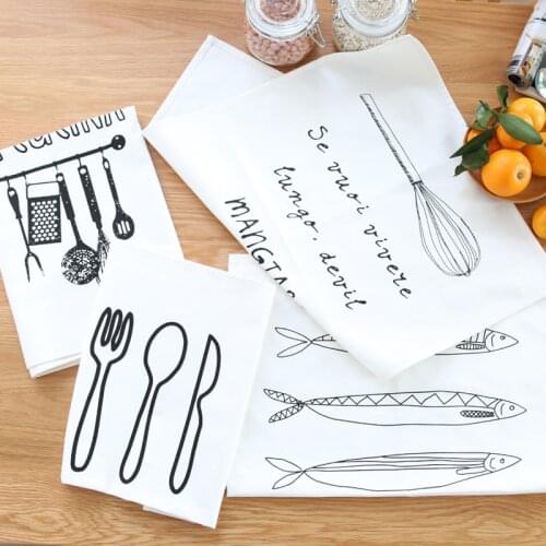 DUNXDECO Table Placemat Cotton Tea Towel Napkin Modern Nordic White Black Kitchen Tools Fish Print Home Decoration