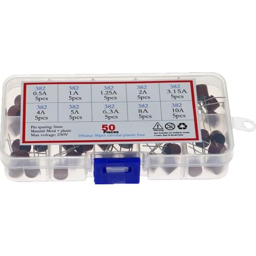 50Pcs/Box 10 Kinds Square Fuse Plastic 382 Electrical Assorted Fuse Mix Set 0.5A 1A 1.25A 2A 3.15A 4A 5A 6.3A 8A 10A