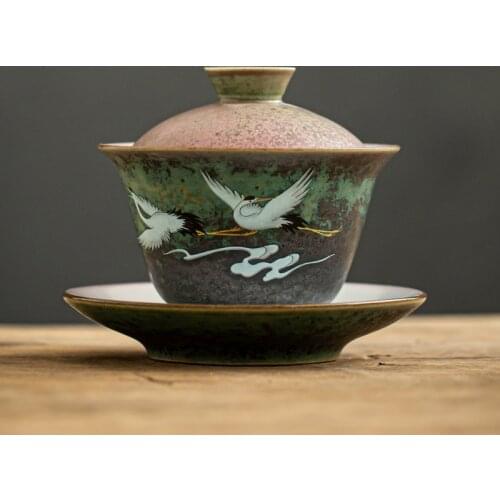 Anti-scald Large Ceramic Retro Tea Cover Bowl with Lid Sancai Gaiwan Single Tea Bowl Hand Painted Shining Crane Cover Bowl
