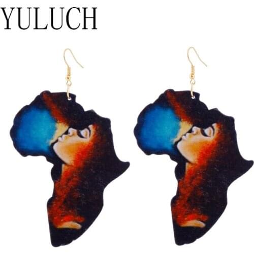 YULUCH Wood Printed Africa Map Pendant Earrings Woman Elegant Simple Accessory Wooden earings girls party gifts pringting