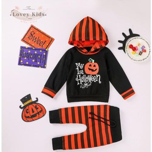 2020 Newborn Baby Boy Girl 1st Halloween Hooded Top Pullover Long Sleeve Costume Striped Pants 2PCS Toddler Baby Clothes Outfits