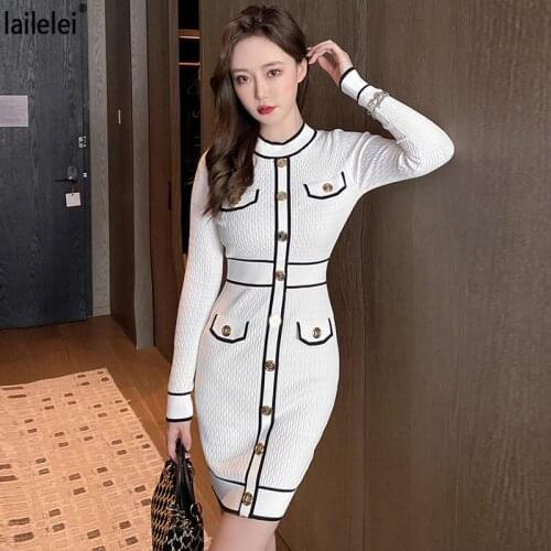 Pocket Button Knit Dress O-Neck Long Sleeve Sweater womens Dresses Mini Autumn 2021 Short Robe Korean Sexy Club French elegant