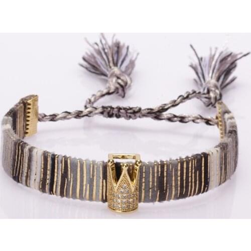 Ethnic boho mix cz paved royal crown hat soft cotton silk tassel band charm adjustable bracelet for woman