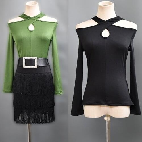 Latin Dance Wear Women Set Sexy Cross Neck Long-Sleeved Tops Tassel Skirt Latin Dance Dress Practice Wear Salsa Costume BI902