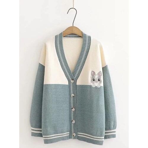 Women Cardigans Japanese Mori Girl V-neck Retro Color Matching Rabbit Embroidery Female Loose Patchwork Knit Sweet Sweaters