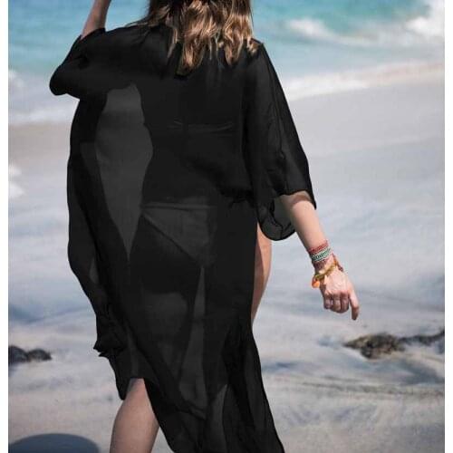 Women Beach Dress Swimwear Summer Pure Color Long Sleeve Women Bikini Cover Up Beach Long Dress Kaftan Beachwear Swimwear