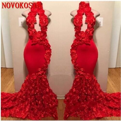 Red Design Mermaid Prom Dress Appliques Floral Halter 2019 Formal Evening Dress Hollow Out Bust Satin Luxury Fashion Party Gown