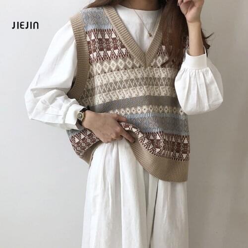 Vests Waistcoats Women Knitted Patchwork Pullover V-neck All-match Inside Womens Students Korean Style Harajuku Vintage XXXL