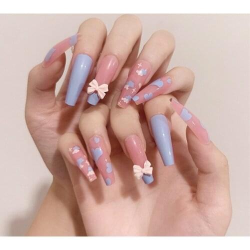 24pcs/Set Cute Bowknot Fake Nails Extra Long Mixed Blue Pink Wedding Bride Ballerina Nail Decoration Art Full Tips with Glue