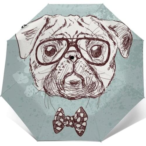 Automatic Umbrella Vintage Hipster Pug Dog With Glasses And Bow three-fold umbrella women men rain umbrella