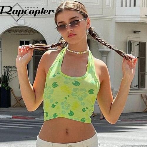 Rapcopter Floral Green Corset Tops Y2K Cute Crop Top Patched Sleeveless Skinny Tank Tops Female Basic Summer Halter Tee Vintage