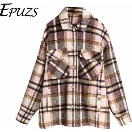EPUZS Vintage Warm Oversize Jacket Coat 2021 Spring Women Fashion Slim Long Sleeve Plaid Jacket Coat Famale Outerwear Chic Top