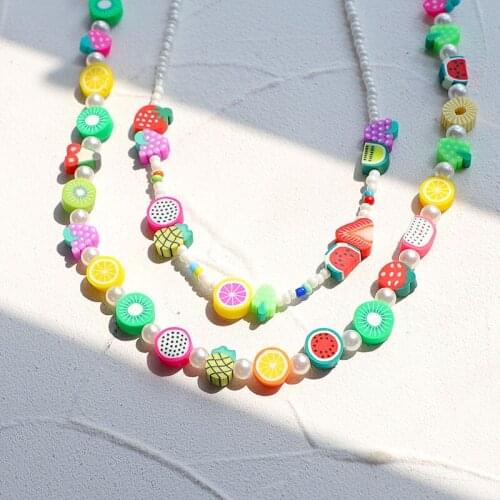 Say Fruit Lemon kiwi Grape Color Mixed Beads Soft Pottery 10mm Polymer Clay Charm Necklaces Pendant Handmade Clavicle Necklace