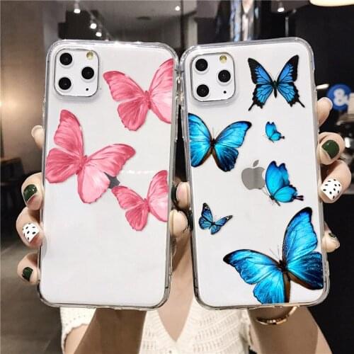 INS Cute Blue Butterfly Phone Case For IPhone 12 mini 11 Pro MAX Xs Xr 6s 7 8 Plus SE2020 Animal Pattern Soft TPU Back Cover