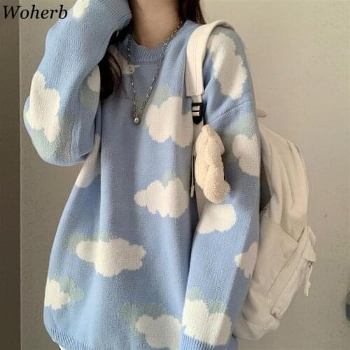 Woherb Korean Fashion Cartoon Cloud Y2k Women Sweater Chic Causal Knitted Pullover Tops 2021 Autumn Pull Jumpers OverSize