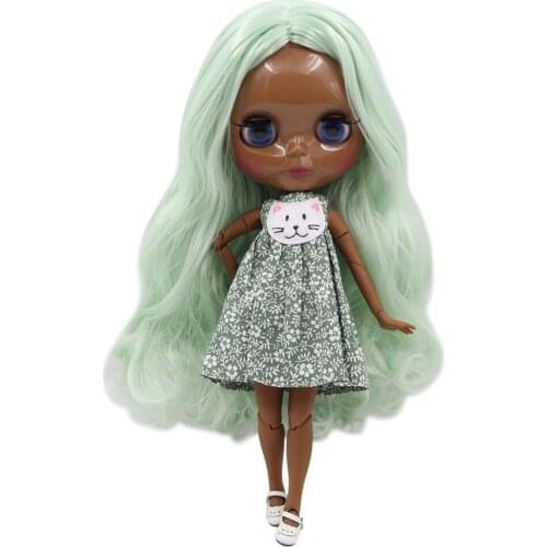 ICY DBS Blyth doll super black dark skin Glossy face join body Points in the Green hair.No.BL4278