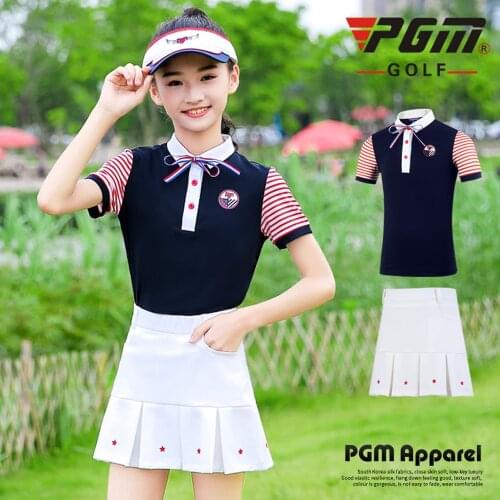 Summer Childrens Golf Apparel Girl Stripe cap hat Short Sleeve T-shirt Golf Apparel Pleated Skirt golf Stockings socks shoes