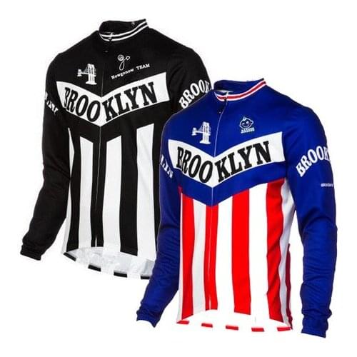 Brooklyn men cycling jersey men long sleeve winter fleece or thin bike wear black white blue bicycle clothing Wholesale
