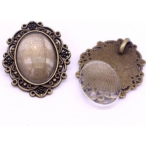 8 set Vintage Bronze Oval Cameo Filigree Cabochon Settings Fit 18*25mm dia Photo Jewelry Making + Clear Glass Cabochons