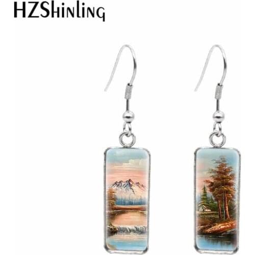 2021 New Mountain Valley Scenery Rectangular Earring Art Painting Fish Hook Earrings Glass Cabochon Handmade Jewelry