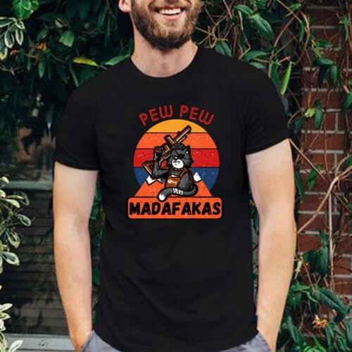 2021 New Style Pew Pew Madafakas Retro Cat Print T-Shirt Crazy Cat Pistols Printed Tops Fashion Casual Cotton Black White Tee
