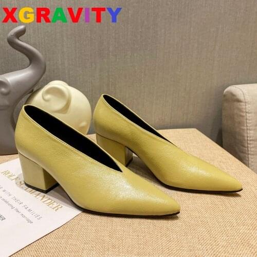 Xgravity New Autumn HIgh Heel Shoes Elegant Chunky High Heeeled Pumps Sexy Pointed Toe Evening Shoes Women Shoes V Cut Shoesc324