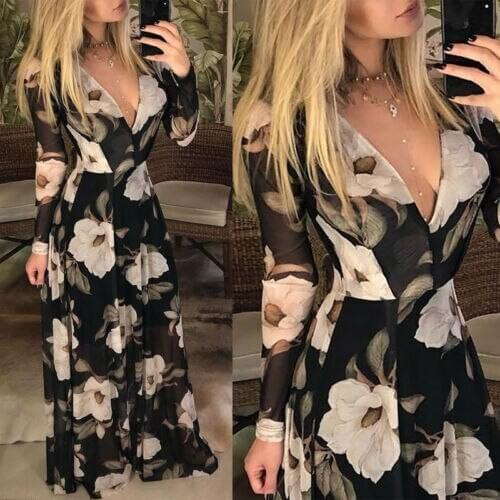 Sexy Womens Floral Holiday Beach Long Maxi Dress Ladies V-NECK Summer Vestidos Bodycon Chiffon Sundress Party Evening Dresses
