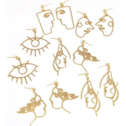 Popular Gold Color Geometric Girl Face Earrings For Women Bijoux Femme Simple Metal Abstract Eye Female Portrait Earrings