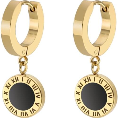 Fashion Roman Number Hoop Earrings Stainless Steel Round Black Drop Oil Happy Charm Small Hoop Earrings Jewelry For Men Women