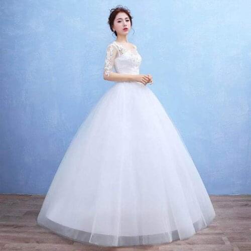 Wedding Dress Lace O-Neck Half Sleeves Crystal Embroidery Empire Tulle Floor-Length White Plus Size Wedding Gowns For Women G326