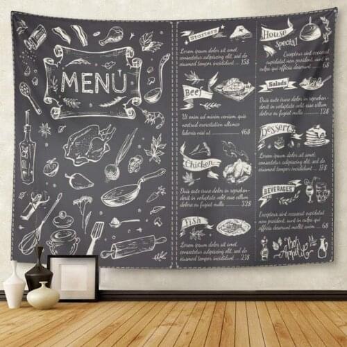 Title Page and List for Restaurant Sketches Food Chalk on Blackboard Trend Vintage Kitchenware Chicken Tapestry Wall Hanging