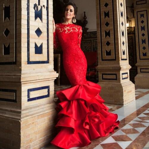 Vintage V neck Red Lace Bride Sexy backless Long Sleeve Mermaid evening prom gown Made In China vestido de noiva Mother dresses
