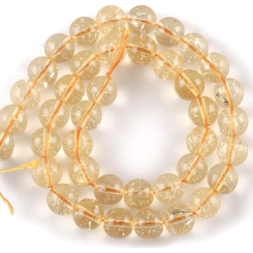 Yellow Quartz Natural Smooth Loose Stone Cracked Crystal Beads For Jewelry Making Diy Bracelet Necklace 15"Strand 6 8 10 12mm