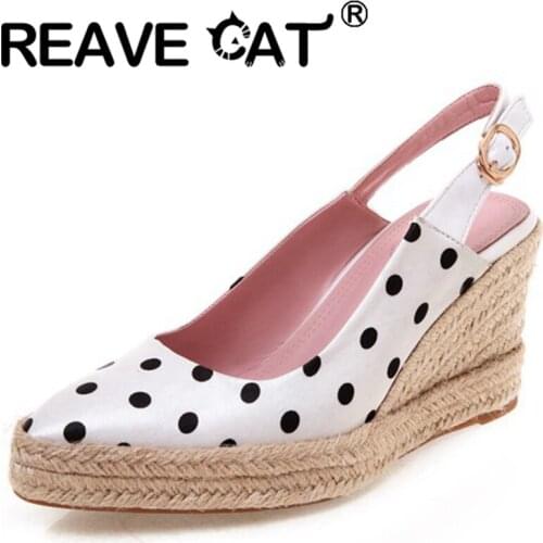 REAVE CAT 2021 Spring Polka Dot Silk Sandals Slingbacks Buckle Strap Rattan Wedges Pointed Toe 8cm Size 32-44 Black White A4174