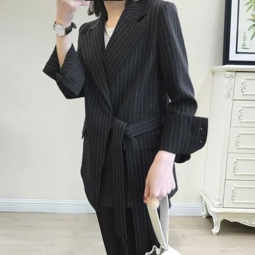 Womens temperament commute two-piece spring and autumn new womens striped belt suit pants suit fashion elastic waist two-piece