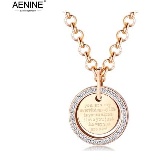 AENINE Classic Letter Geometry Round Card Pendant Necklaces Stainless Steel Love You Forever Choker Necklace For Women AN19142