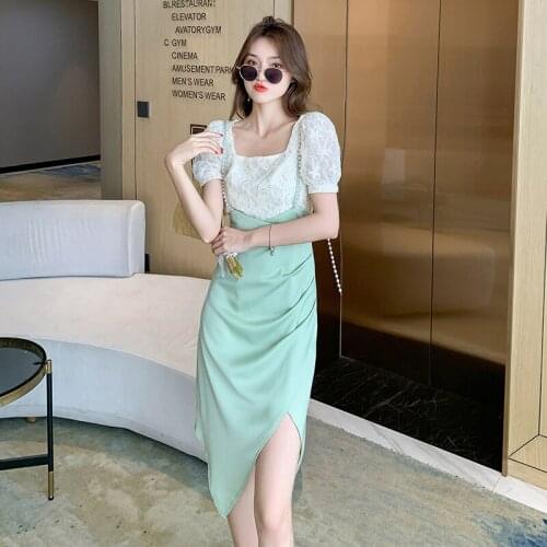 Woman Dress 2021 Summer New Square Collar Puff Sleeve Sequined Lace Shirt Blouse + Pearl Sling Irregular Dress Two-piece Suit