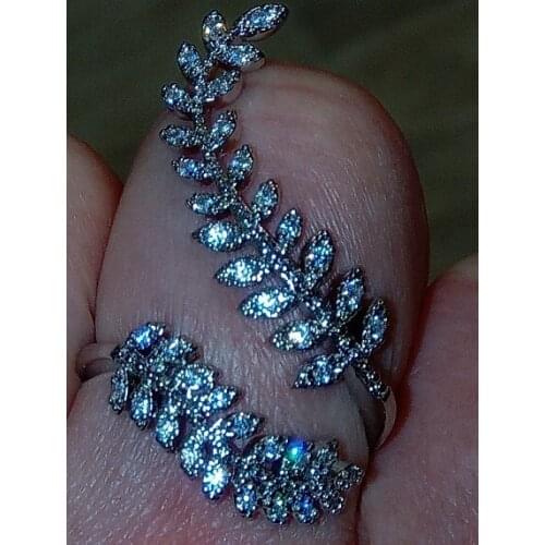 Big Leaf Antique Silver Color Ring Female Luxury White Zircon Stone Ring Vintage Cute Opening Engagement Wedding Rings For Women