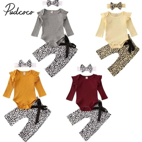 2019 Baby Spring Autumn Clothing Newborn Infant Baby Girl Boy Solid Ribbed Long Sleeve Romper Leopard Pant Headband 3Pcs Set